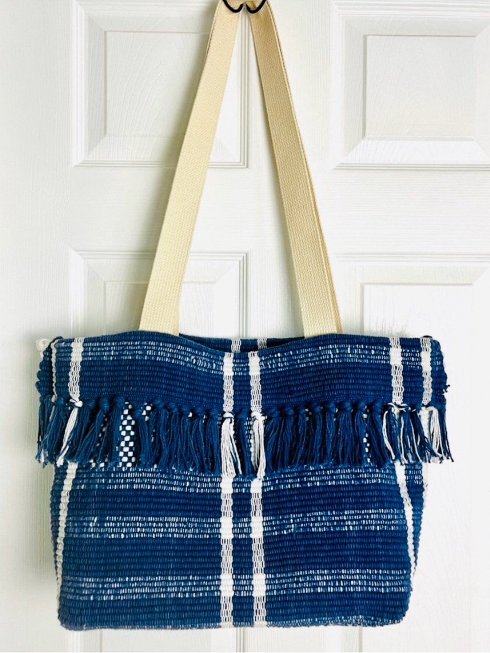Boho Woven Blue Stripe Fringe Large Tote Bag Cotton Beach Market Bag